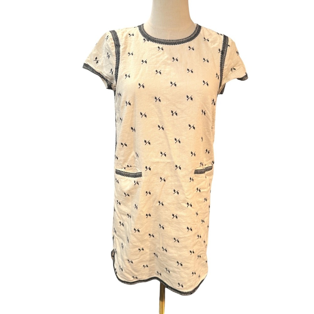 Madewell lightstitch Cream Embroidered Mini Dress XS Short Sleeve linen blend